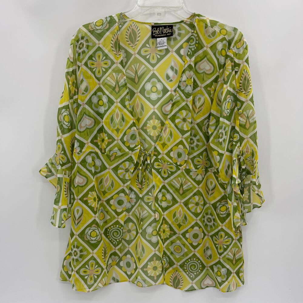 BOB MACKIE Art To Wear Silk Sheer Layer Sz L Tie Front 3/4 Flutter Sleeve Kimono - Picture 1 of 10